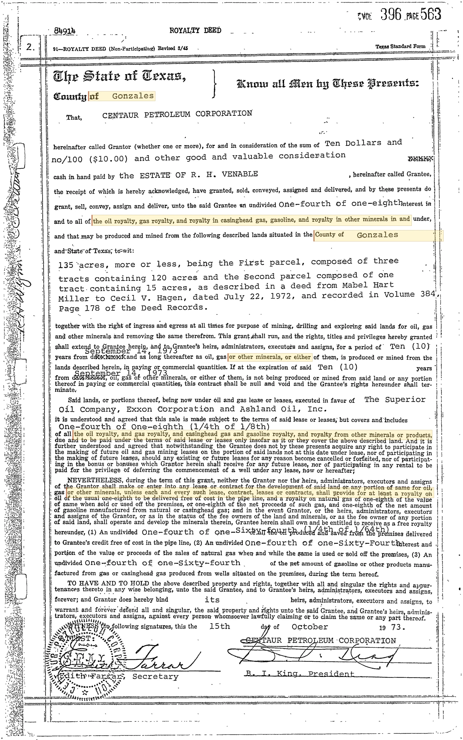 Centaur Petroleum Corporation - Recorded Royalty Deed (Vol. 396, Page 563)
