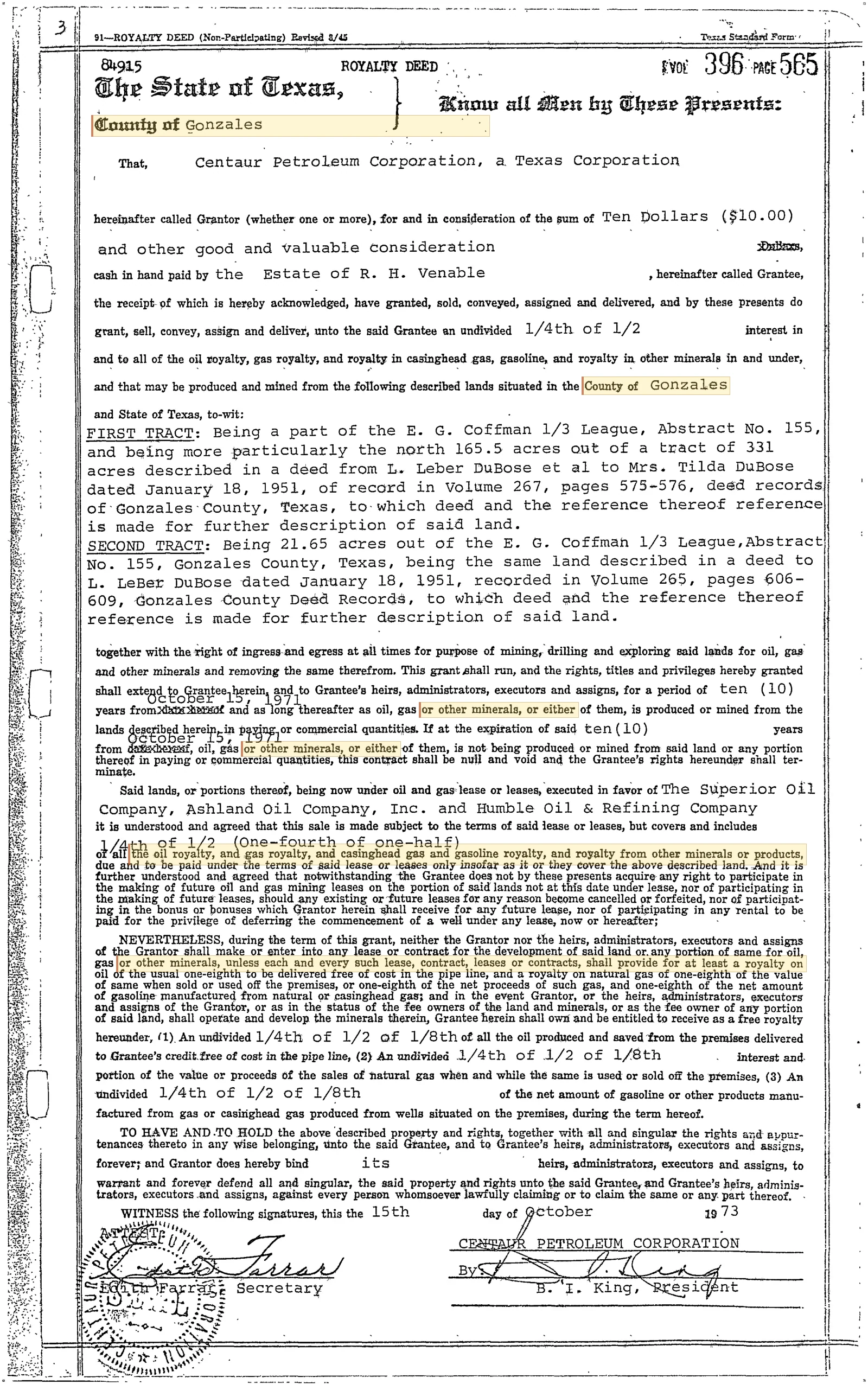 Centaur Petroleum Corporation - Recorded Royalty Deed (Vol. 396, Page 565)
